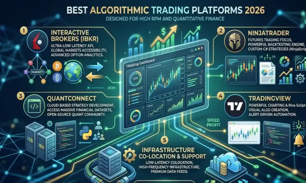 A dynamic infographic displaying a modern algorithmic trading dashboard with real-time quantitative analysis and trading tools