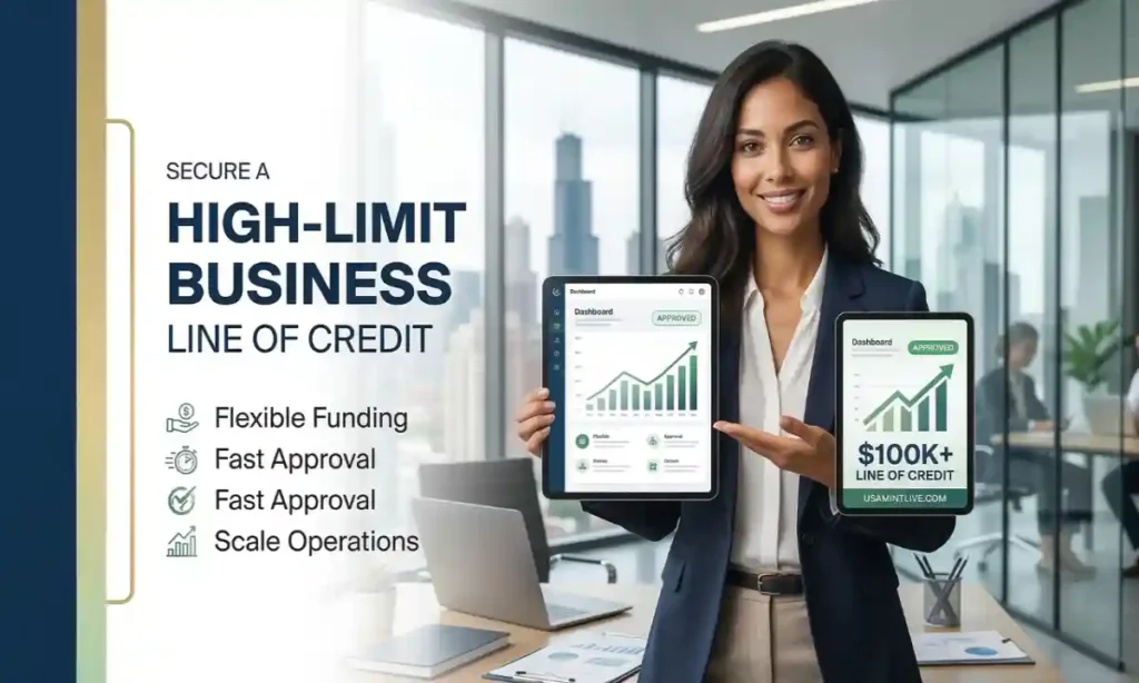 A professional business owner analyzing corporate credit options and line of credit growth on a digital tablet in a modern US office